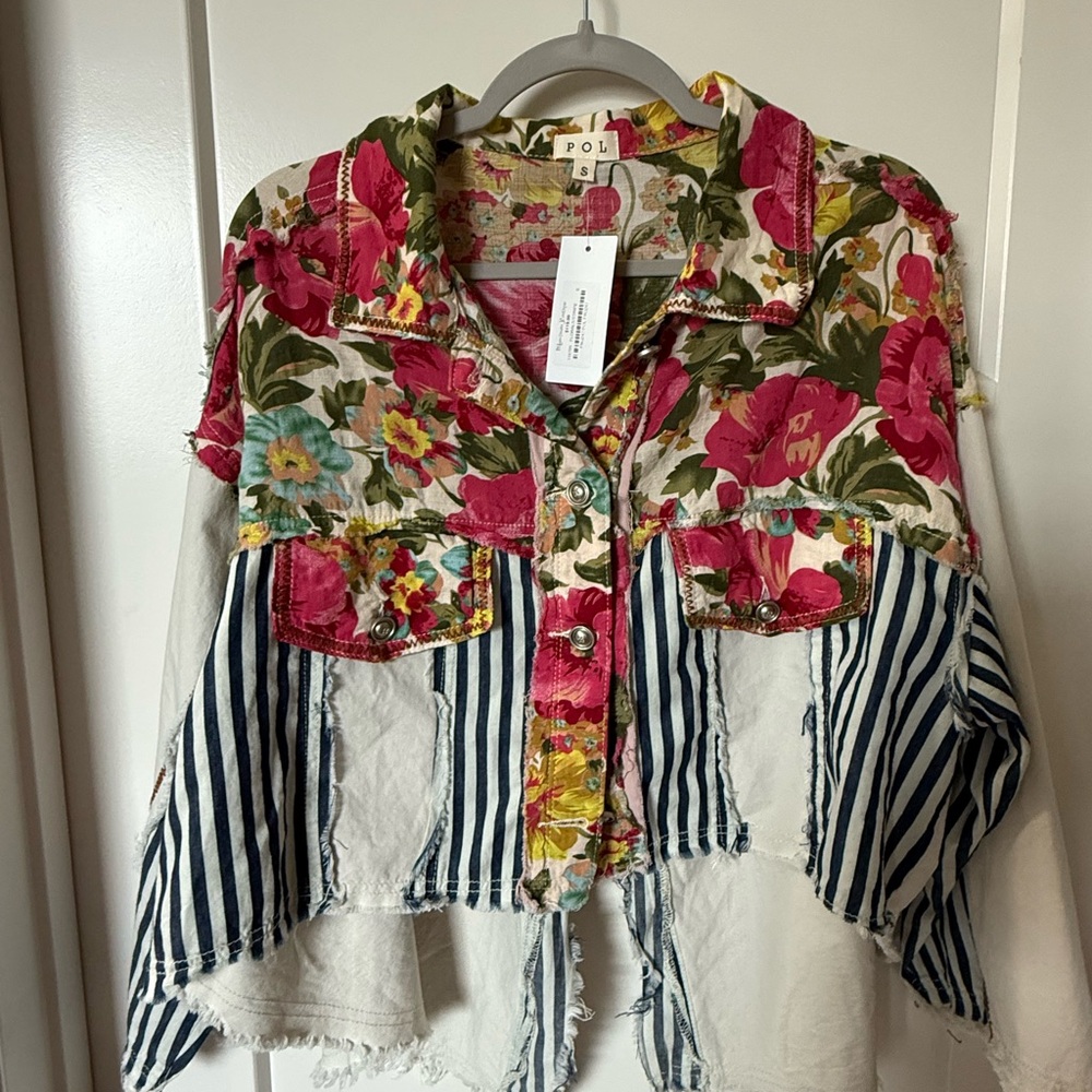 POL Floral and Striped Jean Jacket